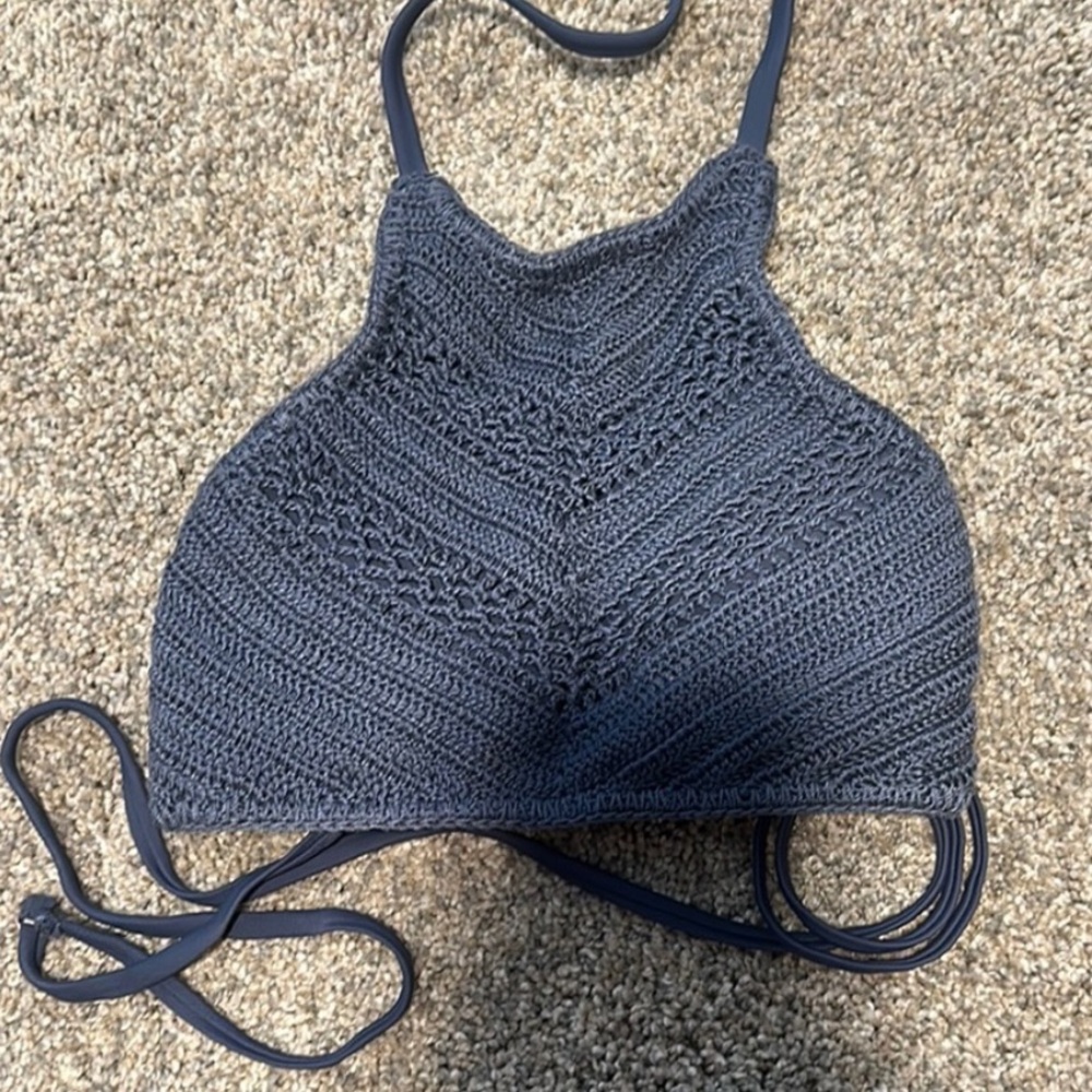 Navy Blue Crochet Halter Bikini Top Xhiliration